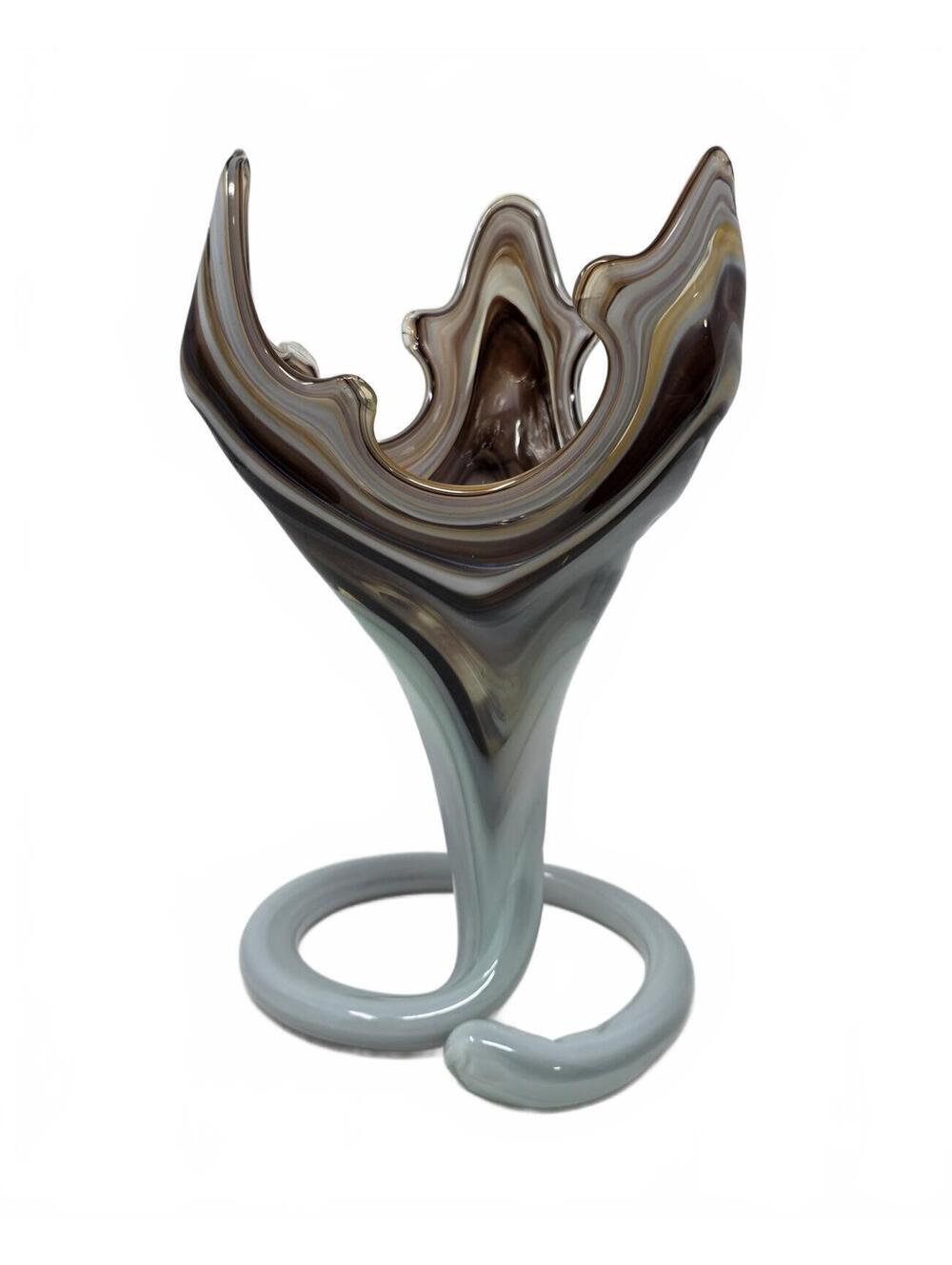 Vintage Hand Blown Art Glass Vase Trumpet Shape Swirl Brown Gray 10.75" - Picture 2 of 7